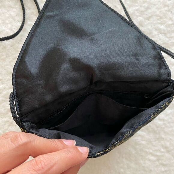 Asian Design Small Satin Crossbody Bag - Gold Embroidery on Black Purse - Picture 3 of 8